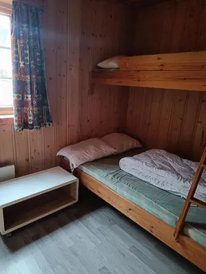 a bedroom with a bunk bed and a ladder at Stavn gård og hytter- 8 minutter til Bjørneparken in Flå