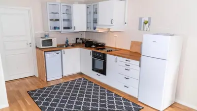 a kitchen with white cabinets and a black rug at Signegarden in Skjåk