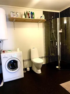 a bathroom with a toilet and a washing machine at Signegarden in Skjåk