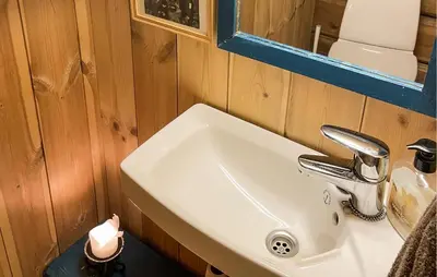 a bathroom with a sink and a mirror at 4 Bedroom Gorgeous Home In Hovden I Setesdal in Hovden
