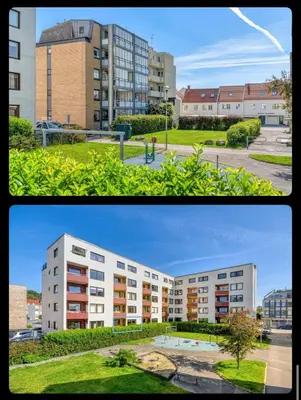 two pictures of a building and a building with grass at Great Downtown Apartment in Lii