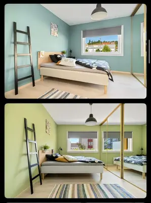 two pictures of a bedroom with two bunk beds at Great Downtown Apartment in Lii