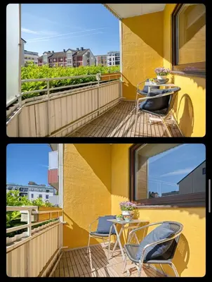 two pictures of a balcony with a table and chairs at Great Downtown Apartment in Lii