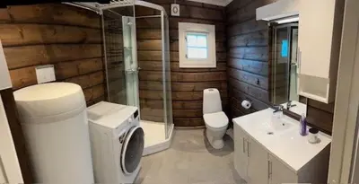 a bathroom with a shower and a toilet and a sink at Sjarmerende tømmerhytte på Bjorli in Lii