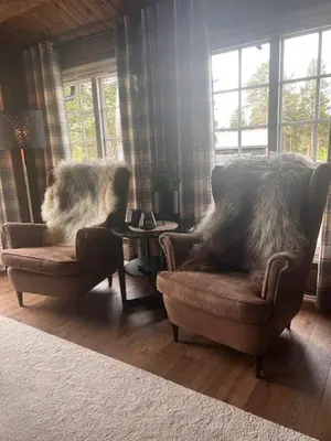 a dog sitting in two chairs in a living room at Sjarmerende tømmerhytte på Bjorli in Lii