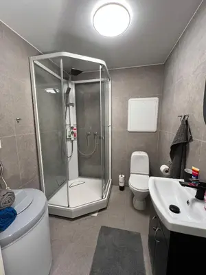 a bathroom with a shower and a toilet and a sink at Cozy and modern studio house in Trondheim