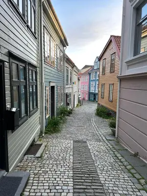 a cobblestone street in a town with buildings at Cosy flat in historical lane in Bergen