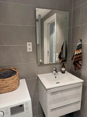 a bathroom with a sink and a washing machine at LADE - leilighet i Ringve Pluss in Trondheim