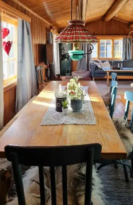 a wooden table with potted plants on it in a living room at Traditional Family Cabin Near Rabalen in Bagn