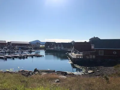 a marina with houses and boats in the water at Two floors house with 3 bed rooms and room for 8 persons in Ålesund