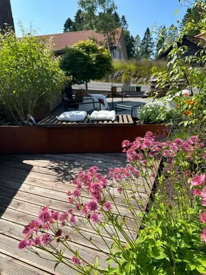 a garden with pink flowers on a wooden deck at Modern house - perfect for holidays in Bergen in Bergen