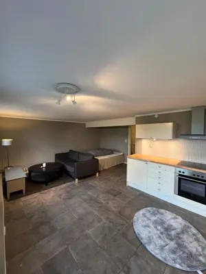 a large living room with a couch and a kitchen at Hybel leilighet på Rosanes, Teie in Lii