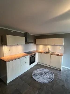 a kitchen with white cabinets and a sink and a rug at Hybel leilighet på Rosanes, Teie in Lii