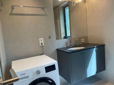 a bathroom with a washing machine and a sink at The Lookout at Beitostølen in Beitostøl