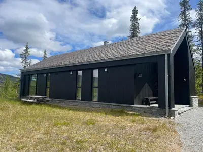 a black building with a roof on a field at The Lookout at Beitostølen in Beitostøl
