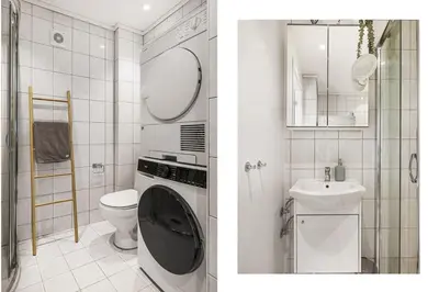 two pictures of a bathroom with a toilet and a sink at Bergen pearl in historic street & easy check-in in Bergen