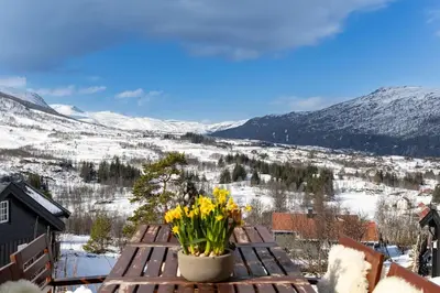 a picnic table with yellow flowers on a snow covered mountain at The national park is calling! in Garden