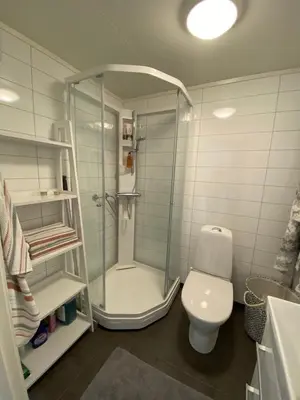 a bathroom with a shower and a toilet at Nice little studio centrally located in Lii