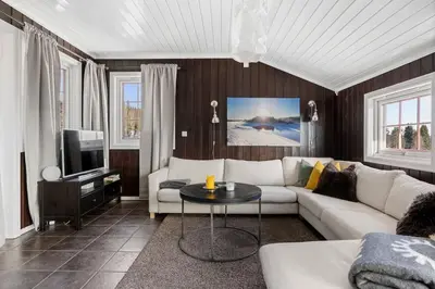 a living room with a white couch and a tv at Trysilfjell 720 by Vacation Trysil in Trysil