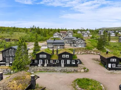 an aerial view of a large house with a grass roof at Cozy Skilodge ski in & out in Trysil in Trysil