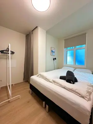 a bedroom with a large bed and a window at Aurum Bergen Apartment in Bergen