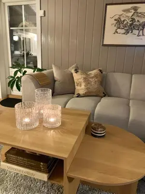 a living room with a couch and a coffee table at Trivelig lite hus in Lii