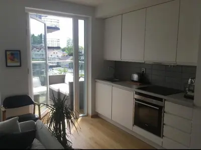 a kitchen with white cabinets and a living room at Lys leilighet på Kaldnes in Lii
