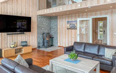 a living room with a leather couch and a tv at Pet Friendly Home In Eidsvåg I Romsdal in Eidsvåg