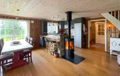 a kitchen with a stove in the middle of a room at Awesome Home In Trysil With Sauna in Trysil