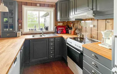 a kitchen with black cabinets and a sink at Awesome Home In Trysil With Sauna in Trysil