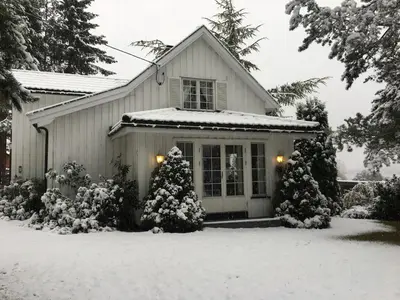 a house covered in snow with two christmas trees at Welcome to Dalborg, only 1,5 hours from Oslo