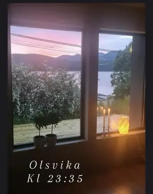 a window with two potted plants in a room at House close to the beach with a view! in Ålesund