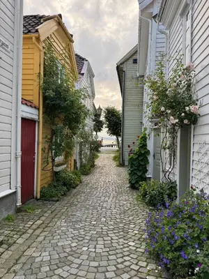 a cobblestone street in a town with houses at Modern apartment near bryggen - classic architecture in Bergen