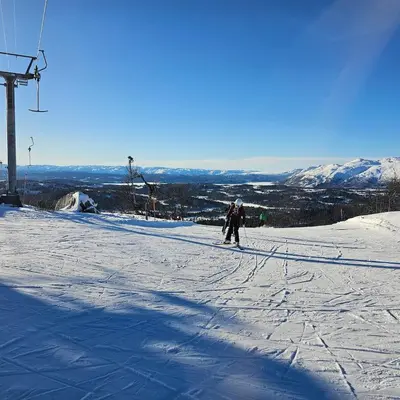 a person is skiing down a snow covered slope at Flott hytte i Elgtrakket 9, 3864 Rauland Skisenter - Holtardalen in Torvetjørn