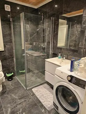 a bathroom with a shower and a washing machine at Flott hytte i Elgtrakket 9, 3864 Rauland Skisenter - Holtardalen in Torvetjørn