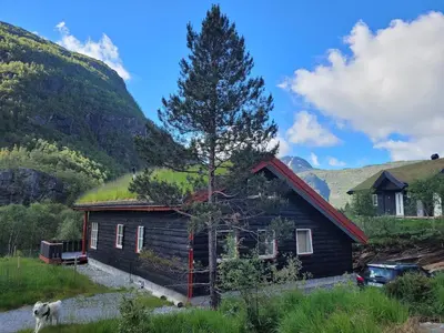a house with a grass roof with a tree on it at Spacious Wood Cabin 50 min from Bergen in Eikedalen