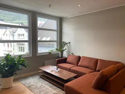 a living room with a couch and a table at Spacious Modern Apartment City center in Bergen