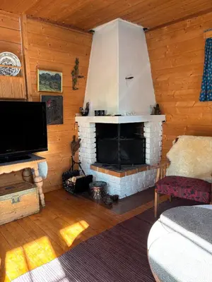 a living room with a fireplace and a tv at Geilo - Hyggelig og sentral hytte in Hol