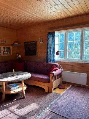 a living room with a couch and a table at Geilo - Hyggelig og sentral hytte in Hol