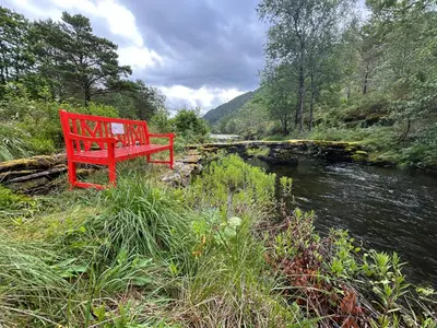 a red bench sitting next to a river at West coast peace in Hyllestad