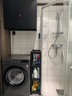 a washing machine in a bathroom with a shower at Norefjell Ski in - Ski out in Noresund