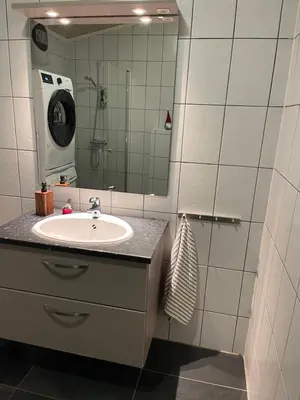 a bathroom with a sink and a mirror at Apartment vårstølen in Vossevangen