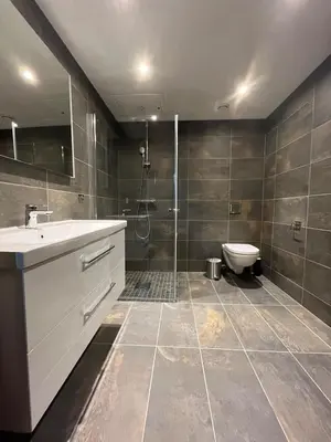 a bathroom with a sink and a shower and a toilet at Trysil Alpine Lodge - 510 in Trysil