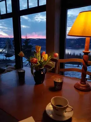 a table with a vase of flowers and a lamp at Villa Fjara sleeps 34 in Stange