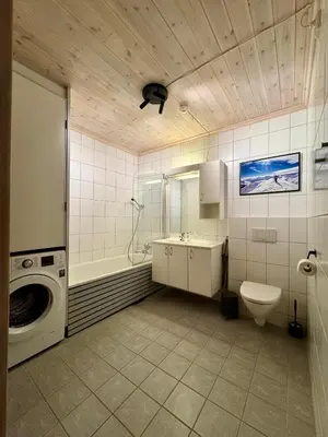 a bathroom with a toilet sink and a washing machine at Fantastisk utsikt i Hemsedal med ski in og ski ut in Fausko