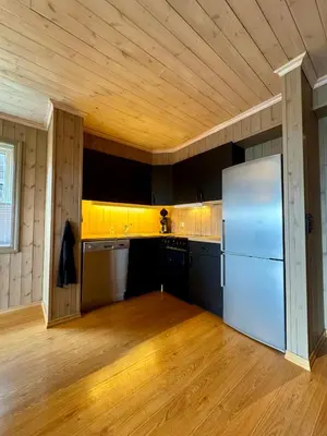 a kitchen with a white refrigerator and a wooden ceiling at Fantastisk utsikt i Hemsedal med ski in og ski ut in Fausko