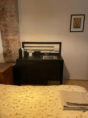 a bedroom with a bed and a sink in it at Ålesund Central Apartment in Ålesund