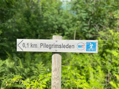 a street sign on a wooden pole in front of trees at WOOD HOUSE GARDEN Lakeview Mjøsa -30 min OSL