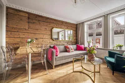 a living room with a couch and a table at Bispengsgaten 16 in Bergen