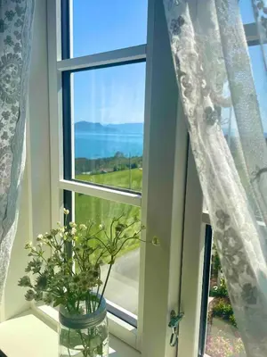 a window with a vase with a plant in it at Cozy older house in scenic surroundings in Stord